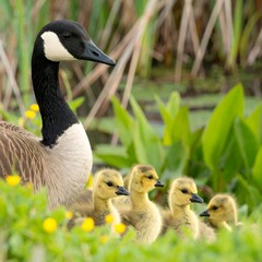Obraz premium Canada goose and goslings in marsh