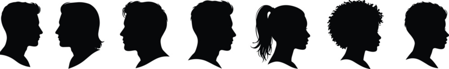 Silhouette of diverse human head profiles, male and female faces, side view illustration, hairstyle variety, people shapes, black outline art design