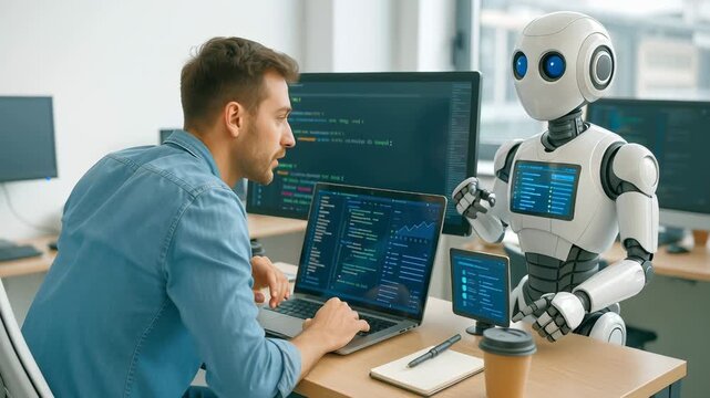 Man in blue denim shirt working with white humanoid robot in modern office. Both examining programming code on multiple computer screens. Robot pointing at laptop screen while programmer reviews data