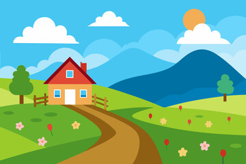 Fototapeta premium A lovely farmhouse on the hill vector illustration 