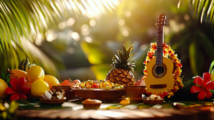 Hawaiian themed still life with tropical fruits, guitar, and vibrant flowers for Hawaii Statehood Day