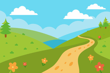 Fototapeta premium A sunlit vector scene of a gentle hillside stream flowing between flower-covered banks