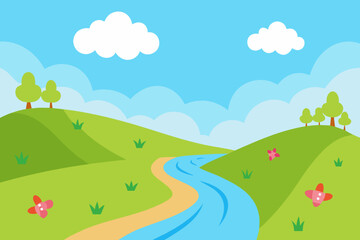 Fototapeta premium A sunlit vector scene of a gentle hillside stream flowing between flower-covered banks