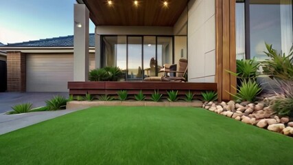 Front yard of an Australian home featuring artificial grass lawn and timber edging Concept Charming Australian Home with Artificial Grass Lawn created with generative ai	
