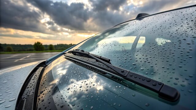 Rainy day car windshield with wipers and stormy sky high resolution photo