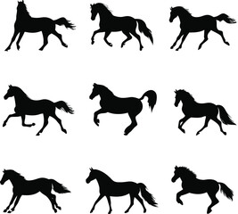 Silhouette Collection of Horses in Various Poses Set Against a White Background Ideal for Equine Themed Design Projects