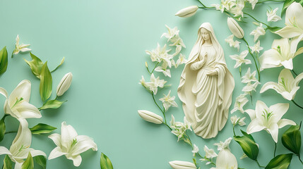 Serene portrayal of a blessed mother figurine amidst fragrant white lilies for The Assumption of Mary day