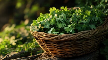 Fresh coriander in a wicker basket outdoors at sunset