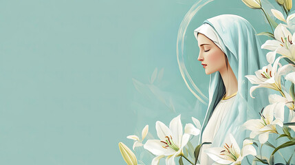 Serene portrait of a veiled woman surrounded by delicate white lilies for The Assumption of Mary day