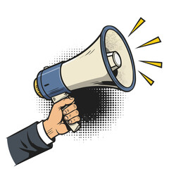 Hand holding a megaphone with sound waves and halftone background in a pop art style illustration on transparent background