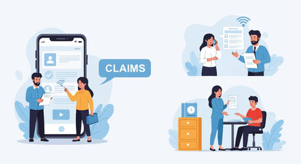 An illustration showing different steps for claim submission using mobile and people assistance. 