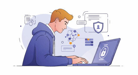 Illustration of an individual working on a laptop, symbolizing online security.