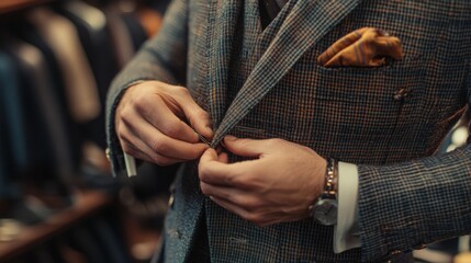 Tailored suit fitting in upscale clothing store during afternoon in stylish ambiance