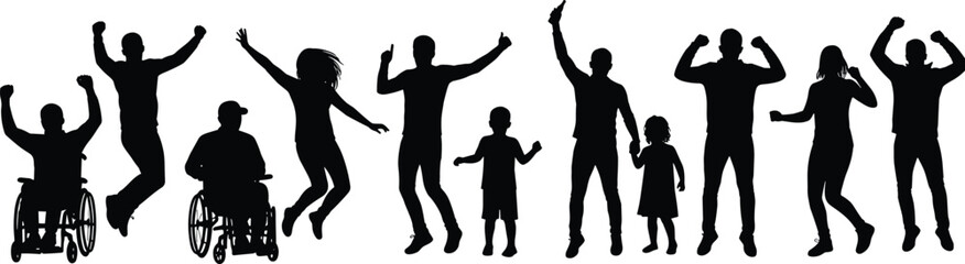 Silhouette of diverse people celebrating together, wheelchair users, children, men and women jumping with joy, inclusivity and happiness concept illustration