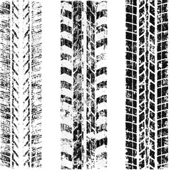 Three distinct tire tracks with varying tread patterns in a distressed black and white style image on transparent background