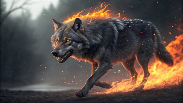 Fiery wolf running through forest mythical creature dark fantasy high resolution photo