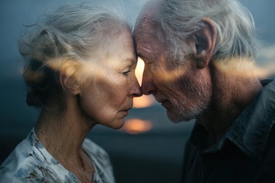 Portrait of a senior couple sharing a tender moment against a beautiful sea sunset during twilight hours - Powered by Adobe