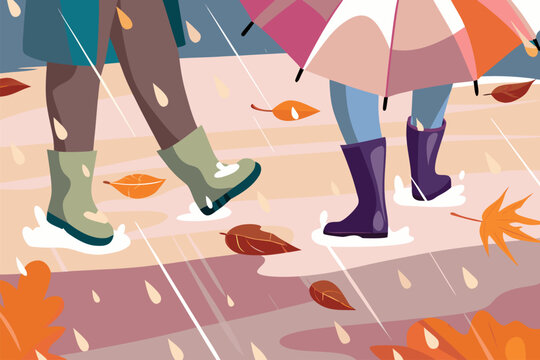 Jesienna ilustracja przedstawiająca przyjaci&oacute;ł w kaloszach spacerujących w deszczu.