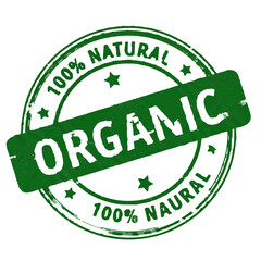 Green organic stamp with stars and text including one hundred percent natural and organic text in white color on transparent background