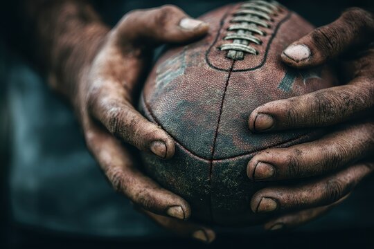Rugby player grips a worn ball with intense focus and determination in a competitive training session during the early evening hours on an outdoor field