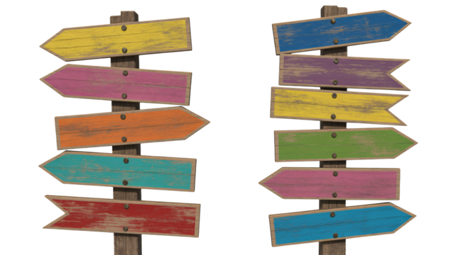 Directional signs guide travel, adventure, and possibilities