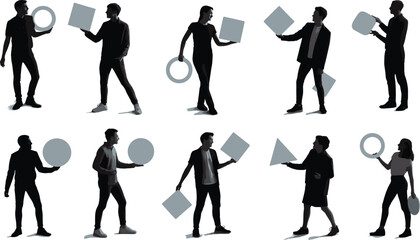Silhouette vector illustration of people holding geometric shapes, creative human figures with circles, squares, triangles, perfect for design, art, education, and branding projects