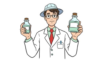 Professional male scientist showcasing two different blue liquid samples in glass bottles, prepared for experimentation or careful chemical investigation and study