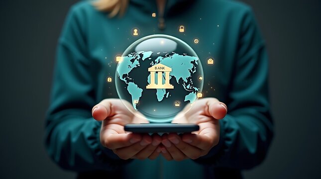Person-holding-glowing-orb-displaying-bank-icon-using-smartphone-financial-transactions - Powered by Adobe
