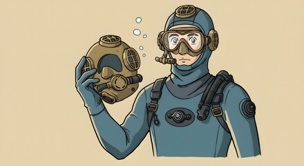Illustration of a vintage diver holding an old diving helmet, showcasing historical underwater exploration equipment and techniques