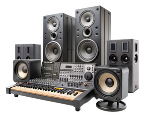 Collection of audio speakers and mixing console isolated on transparent background