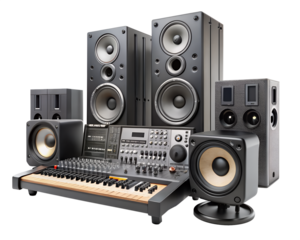 Collection of audio speakers and mixing console isolated on transparent background