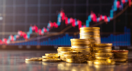 Shiny Gold Coins with Financial Candlestick Chart &ndash; Wealth, Investment, and Market Analysis Concept