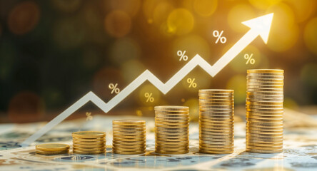 Golden Coin Stacks with Upward Arrow and Percent Symbols – Financial Growth Concept Illustration