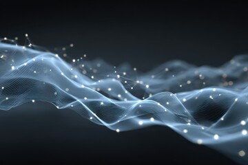 Dynamic waves create an abstract grey background with floating particles, suggesting movement and depth in a digital art representation