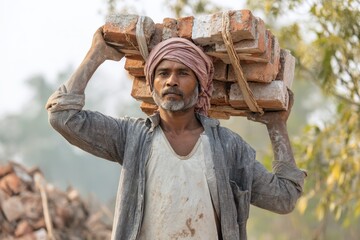 Hardworking Indian laborer transporting a heavy load of bricks in rural area during daylight