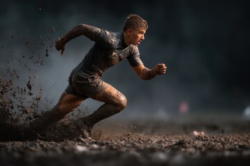 Rugby player sprints through muddy terrain showcasing athleticism during an intense game in a challenging environment
