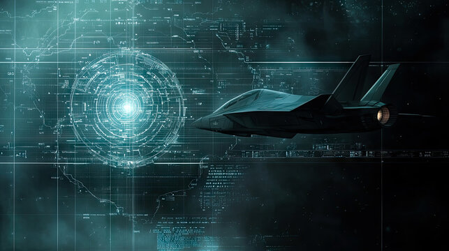 Futuristic aerospace visualization of stealth fighter with digital interface for Air Force Birthday, National Aviation Day