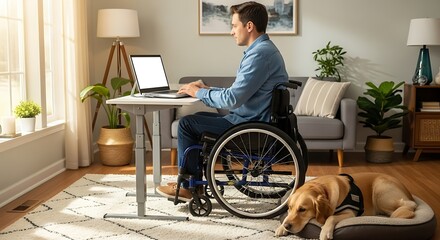 Person in a wheelchair working on a laptop at a standing desk in a modern home office with a golden retriever dog resting nearby