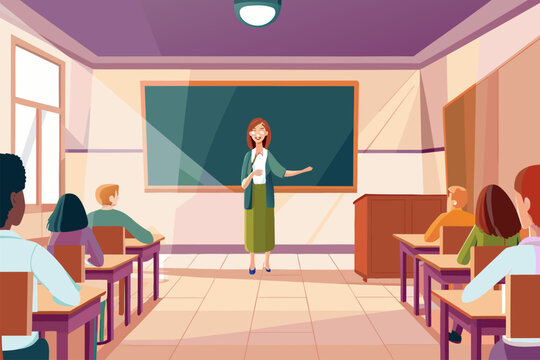 Nauczycielka prowadzi lekcję w klasie &ndash; uczniowie w ławkach, tablica szkolna i jasne wnętrze.