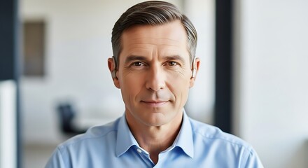 Mature Caucasian businessman with short brown hair and a confident expression looking directly at the camera in a professional office setting wearing a light blue collared shirt and earpiece