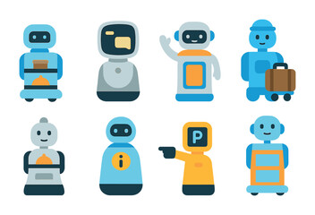 Service Robots Gallery. Flat vector mini-illustrations service robots in daily life in colors children's