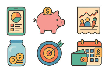 Family Budgeting Icons. Flat vector mini-illustrations Using apps to manage the family budget in colors