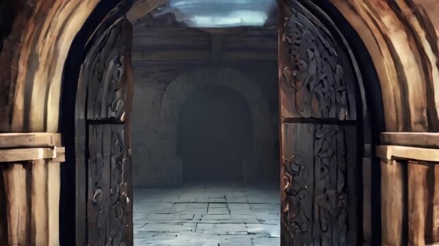 Medieval stone archway & gate,  an open stone archway with metal bars, set in an indoor setting, created with generative ai