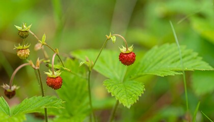 Obraz premium Wild strawberries in a grassy forest