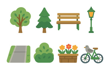 Urban Spring Icons. Flat vector mini-illustrations May greenery in urban streets in colors children's
