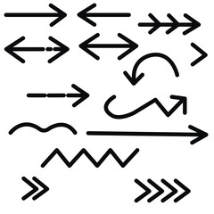 Set of 14 black flat vector arrows, different shapes and directions, minimalist geometric design, solid monochrome color, isolated on white background