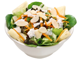 Pote com salada de alface, rúcula, abacaxi e lascas de amêndoas isolado em fundo transparente