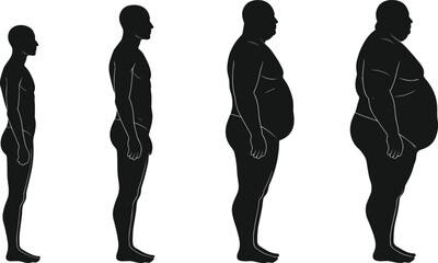 Silhouette of male body shape transformation, weight gain stages, human figure evolution, obesity illustration, health concept, fat accumulation, lifestyle impact, side view