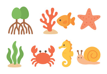 Underwater Mangrove Icons. Flat vector mini-illustrations underwater mangroves in colors children's