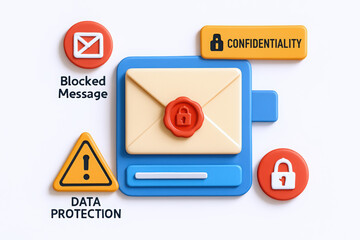 Colorful icons representing data protection, confidentiality, and blocked messages in a digital context.
